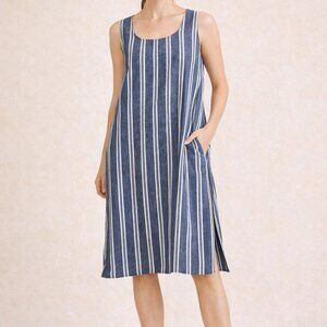 Max Studio Striped Linen Cotton Dress Trapeze Minimal Coastal Summer Large